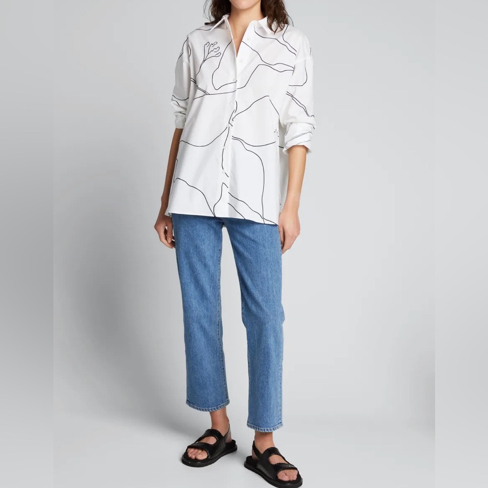 Lafayette 148 White and Black Abstract Print Shirt Size L